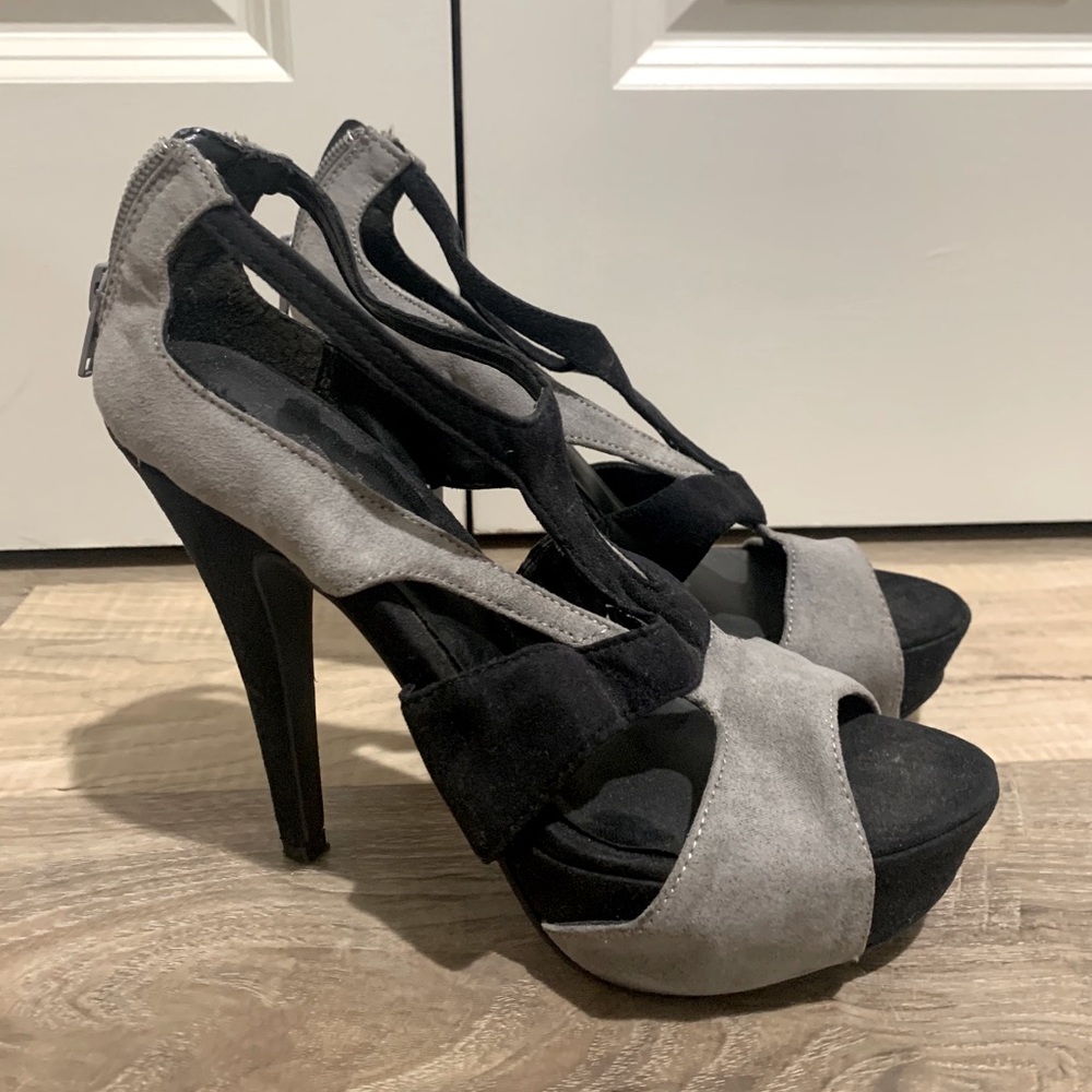 Black and grey strappy heels